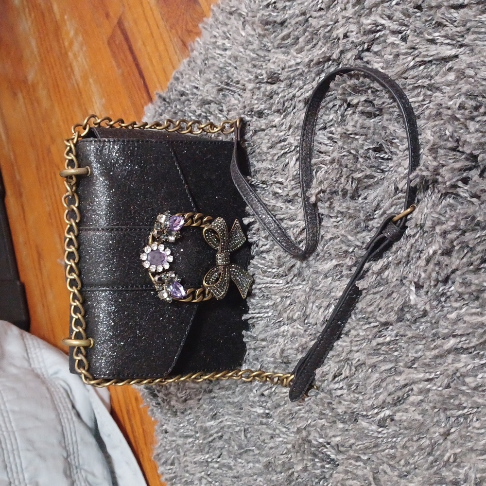 Aldo Black Glitter Faux Amethyst & Marqesite Bag